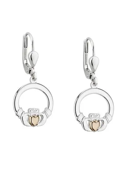 10ct Gold & Sterling Silver Claddagh Drop Earrings